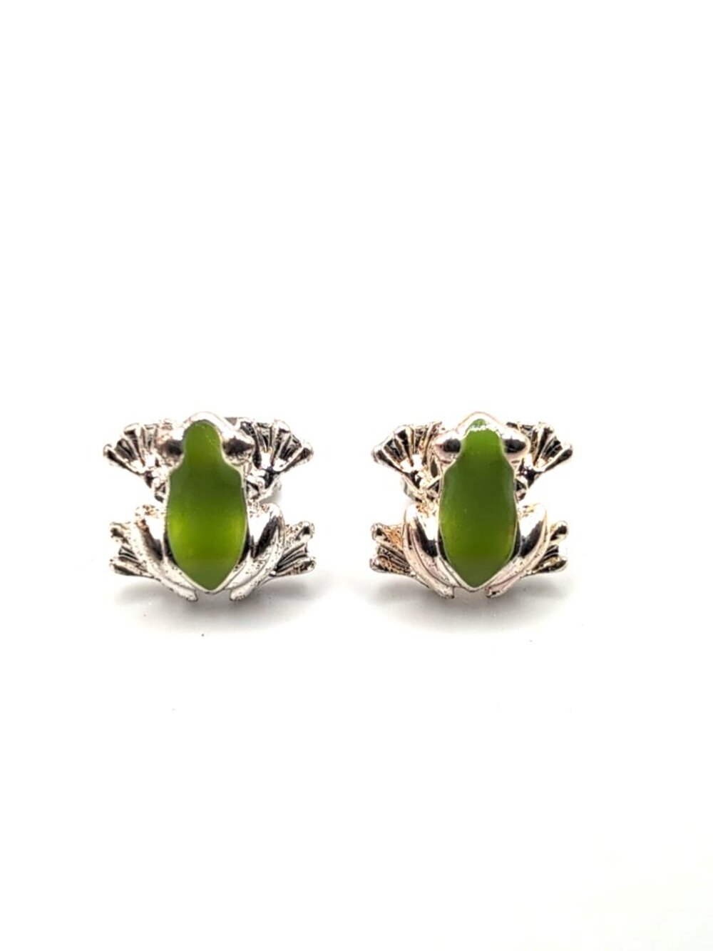 Adorable Silver Tone Green Enamel Little Frog Post Earrings 3/8" Like New